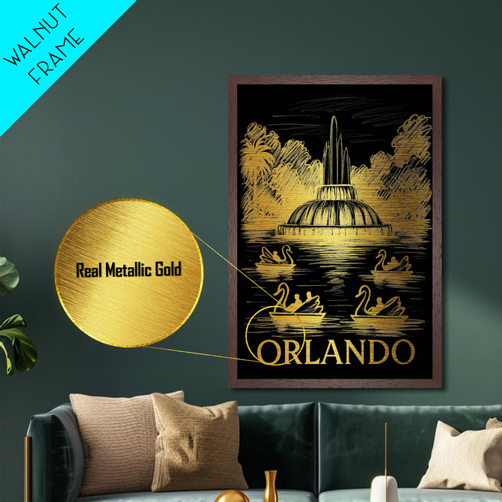 Orlando Florida art, Metallic Gold Art, Office Decor, Metal Art, Wood Framed Art, Graduation Travel Gift, Destination Gift