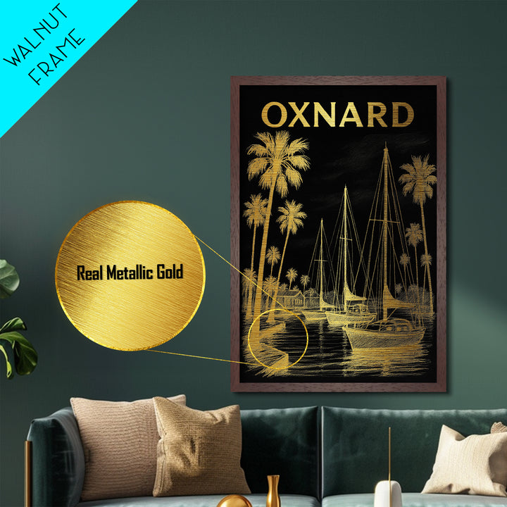 Oxnard California travel, Metallic Gold Print, Modern House Art, Metal Art, Wood Framed Art, Traveler Gift, Destination Gift