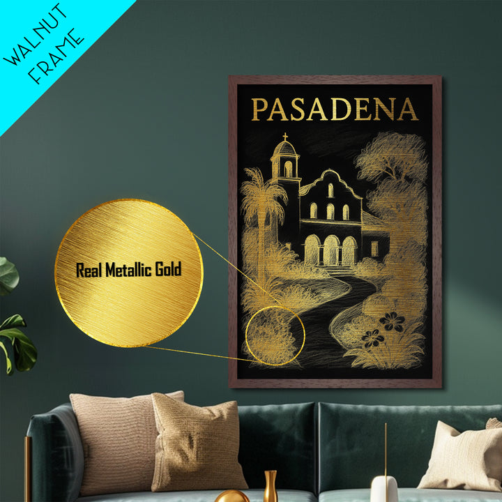 Pasadena California travel, Metallic Gold Print, Closing Gift, Metal Art, Wood Framed Art, Anniversary Travel Gift, Retirement Travel Gift