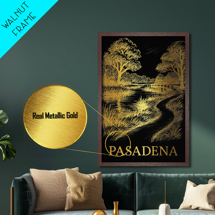 Pasadena Texas travel, Metallic Gold Print, Modern House Art, Metal Art, Wood Framed Art, Wanderlust Gift, Travel Art Prints