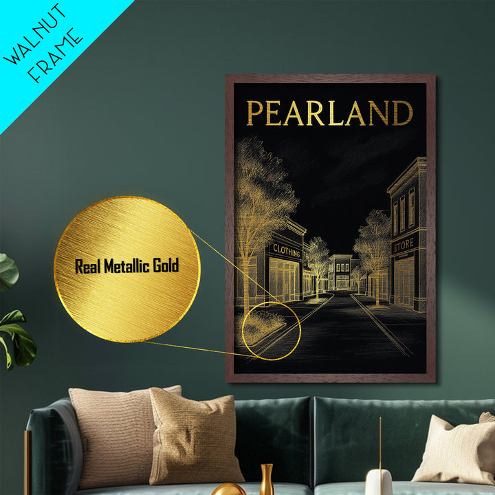 Pearland Texas travel, Metallic Gold Print, College Dorm Décor, Metal Art, Wood Framed Art, Graduation Travel Gift, Traveler Gift