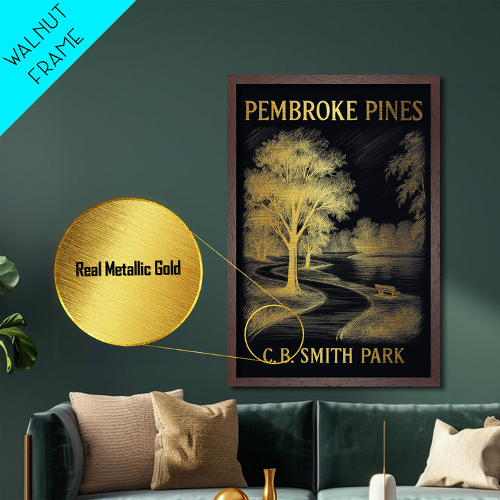 Pembroke Pines Florida travel, Metallic Gold Print, Modern Skyline Wall Print, Metal Art, Wood Framed Art, Adventure Lover Gift
