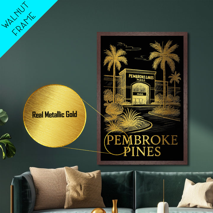 Pembroke Pines Florida art, Metallic Gold Art, Housewarming Gift, Metal Art, Wood Framed Art, Newlywed Travel Gift, Honeymoon Gift