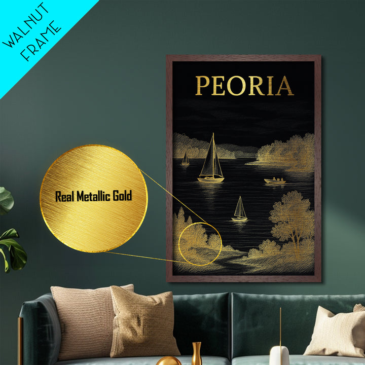 Peoria Illinois travel, Metallic Gold Print, Closing Gift, Metal Art, Wood Framed Art, Anniversary Travel Gift, Retirement Travel Gift