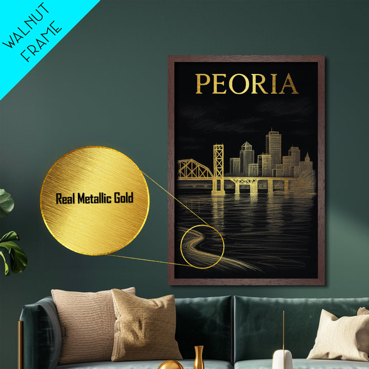 Peoria Illinois art, Metallic Gold Art, Office Decor, Metal Art, Wood Framed Art, Graduation Travel Gift, Destination Gift