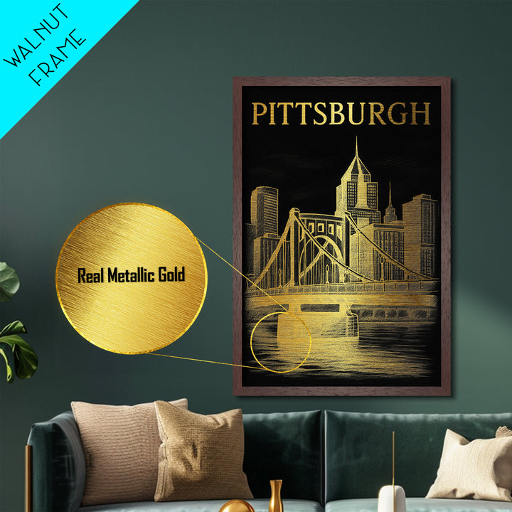 Pittsburgh Pennsylvania travel, Metallic Gold Print, Modern Skyline Wall Print, Metal Art, Wood Framed Art, Adventure Lover Gift