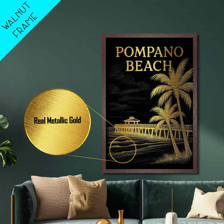 Pompano Beach Florida travel, Metallic Gold Print, Modern House Art, Metal Art, Wood Framed Art, Traveler Gift, Destination Gift