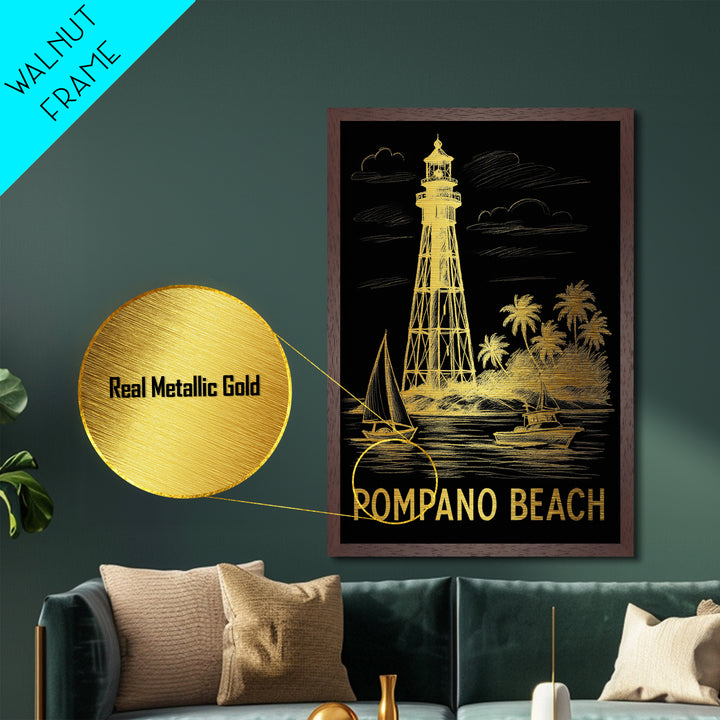 Pompano Beach Florida art, Metallic Gold Art, Modern House Art, Metal Art, Wood Framed Art, Graduation Travel Gift, Travel Gift
