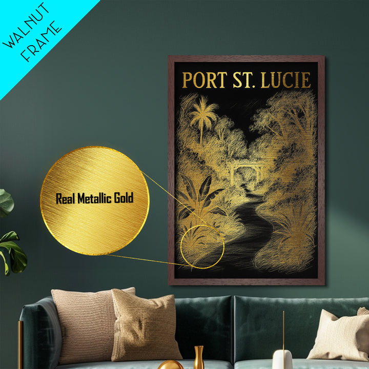 Port St Lucie Florida travel, Metallic Gold Print, Modern Skyline Wall Print, Metal Art, Wood Framed Art, Adventure Lover Gift, Travel Gift