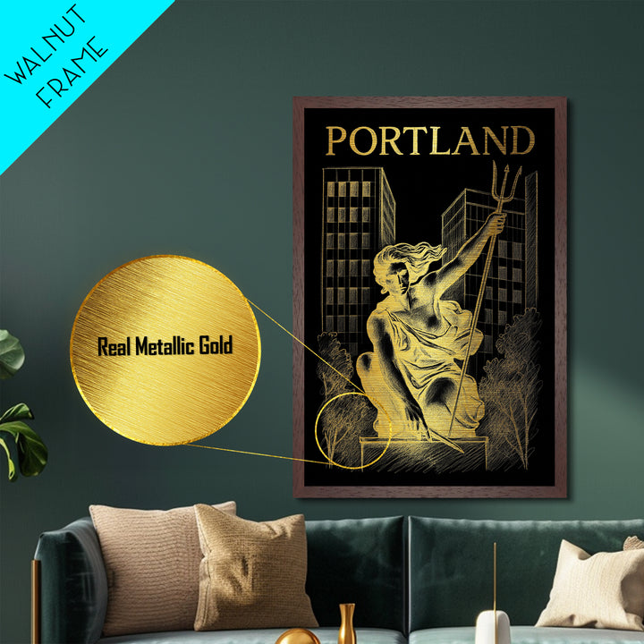 Portland Oregon travel, Metallic Gold Print, College Dorm Décor, Metal Art, Wood Framed Art, Graduation Travel Gift, Traveler Gift