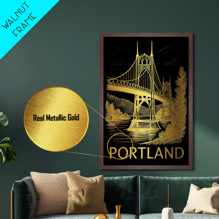 Portland Oregon art, Metallic Gold Art, Best Friend Gifts, Metal Art, Wood Framed Art, Birthday Travel Gift, Destination Gift