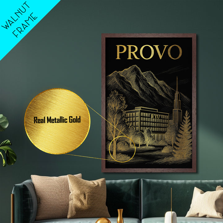 Provo Utah travel, Metallic Gold Print, Modern House Art, Metal Art, Wood Framed Art, Wanderlust Gift, Travel Art Prints