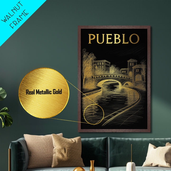 Pueblo Colorado travel, Metallic Gold Print, Modern House Art, Metal Art, Wood Framed Art, Traveler Gift, Destination Gift