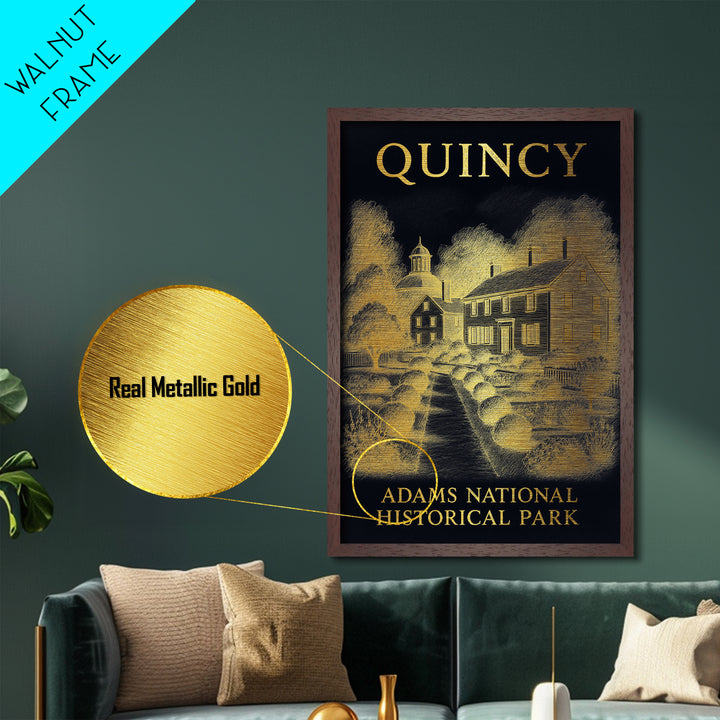 Quincy Massachusetts travel, Metallic Gold Print, College Dorm Décor, Metal Art, Wood Framed Art, Graduation Travel Gift, Traveler Gift
