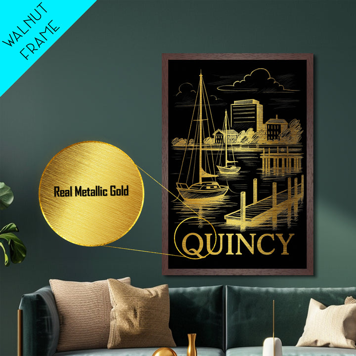 Quincy Massachusetts art, Metallic Gold Art, Best Friend Gifts, Metal Art, Wood Framed Art, Birthday Travel Gift, Destination Gift