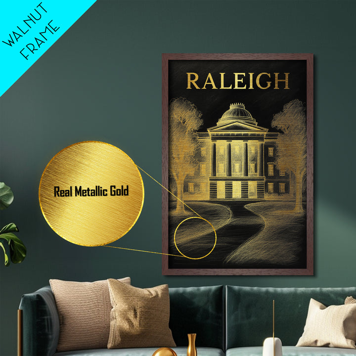 Raleigh North Carolina travel, Metallic Gold Print, Modern Skyline Wall Print, Metal Art, Wood Framed Art, Adventure Lover Gift, Travel Gift