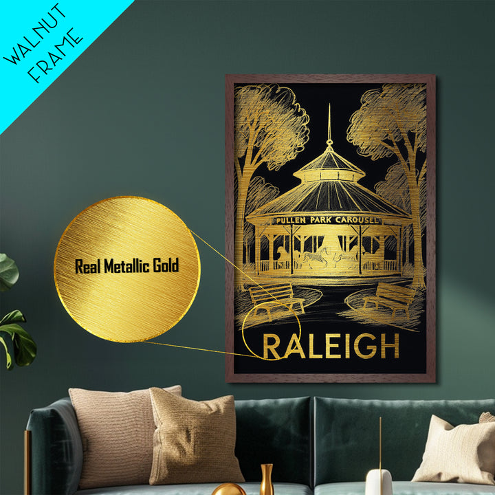 Raleigh North Carolina art, Metallic Gold Art, Housewarming Gift, Metal Art, Wood Framed Art, Newlywed Travel Gift, Honeymoon Gift