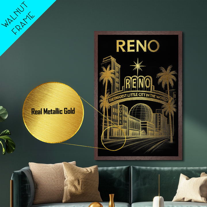 Reno Nevada travel, Metallic Gold Print, Modern House Art, Metal Art, Wood Framed Art, Wanderlust Gift, Travel Art Prints