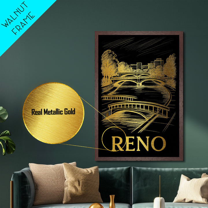 Reno Nevada art, Metallic Gold Art, Travel Art Prints, Metal Art, Wood Framed Art, Adventure Lover Gift, Traveler Gift