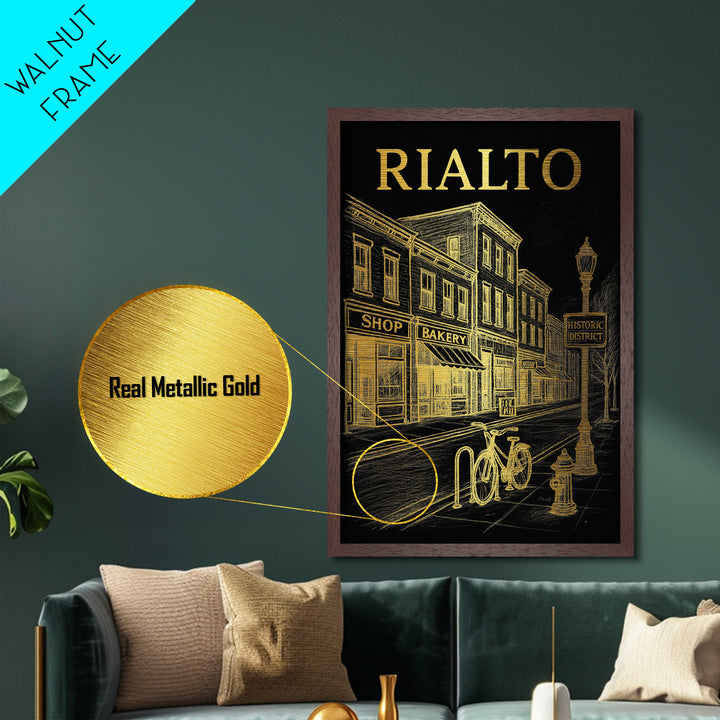 Rialto California travel, Metallic Gold Print, College Dorm Décor, Metal Art, Wood Framed Art, Graduation Travel Gift, Traveler Gift