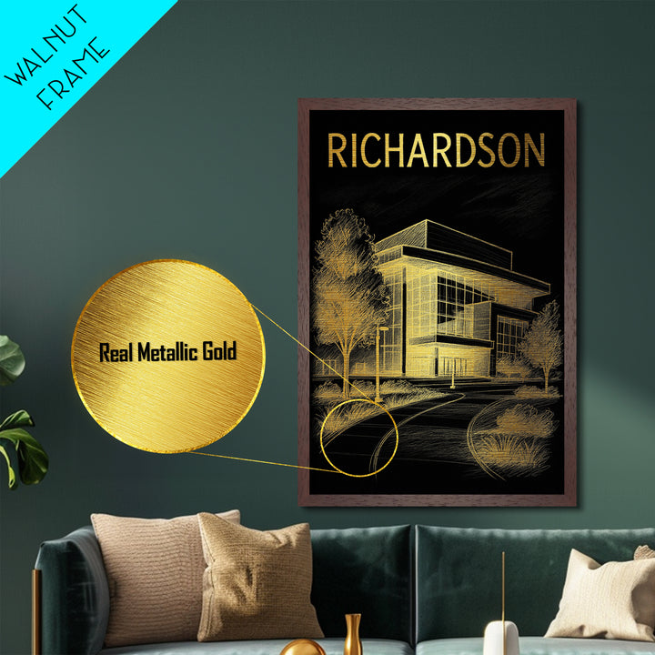 Richardson Texas travel, Metallic Gold Print, Modern Skyline Wall Print, Metal Art, Wood Framed Art, Adventure Lover Gift, Travel Gift
