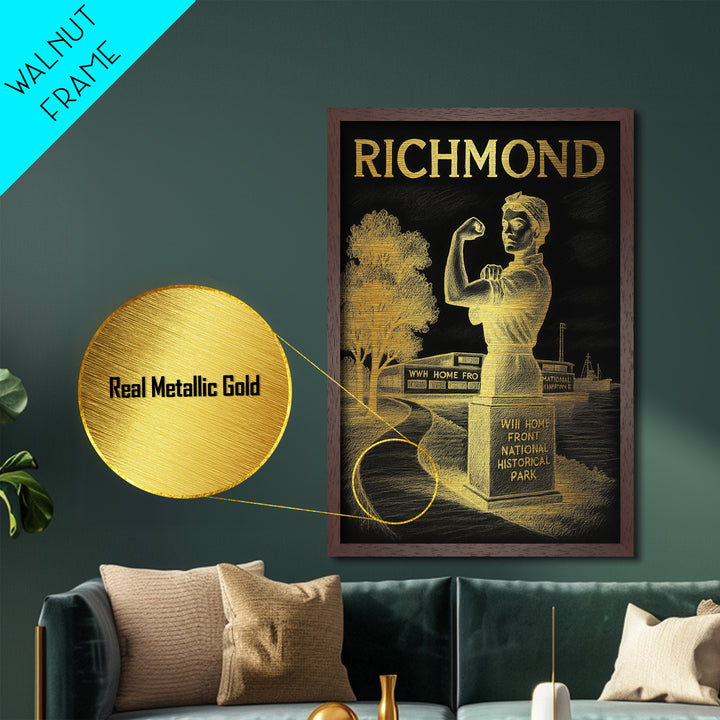 Richmond Virginia travel, Metallic Gold Print, Closing Gift, Metal Art, Wood Framed Art, Anniversary Travel Gift, Retirement Gift