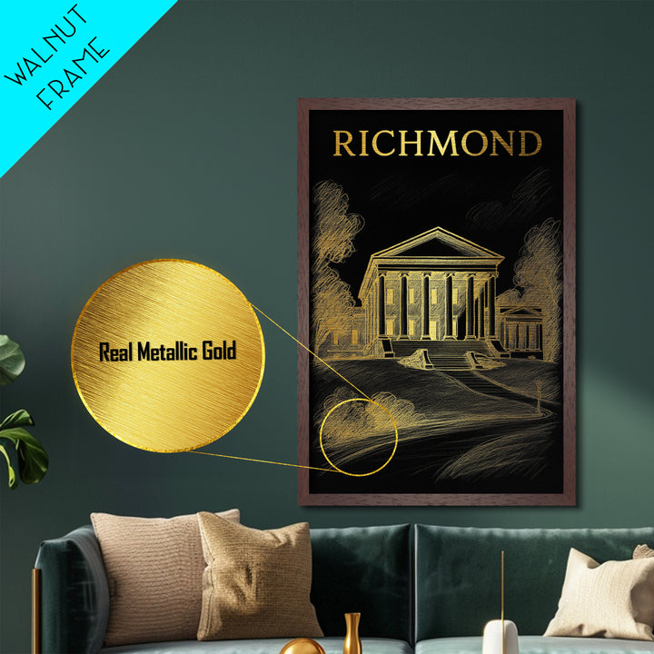 Richmond Virginia art, Metallic Gold Art, Office Decor, Metal Art, Wood Framed Art, Graduation Travel Gift, Destination Gift