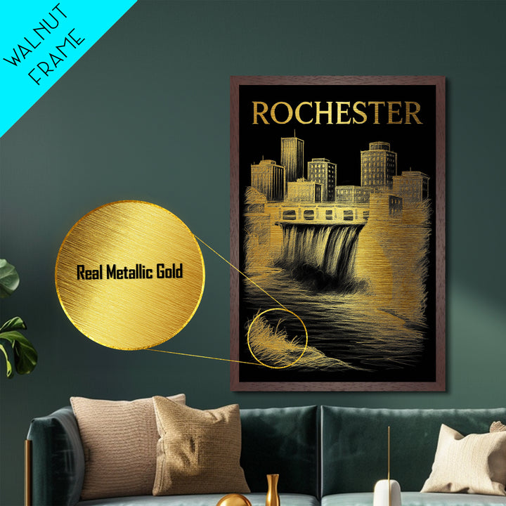 Rochester New York travel, Metallic Gold Print, Modern Skyline Wall Print, Metal Art, Wood Framed Art, Adventure Lover Gift, Travel Gift