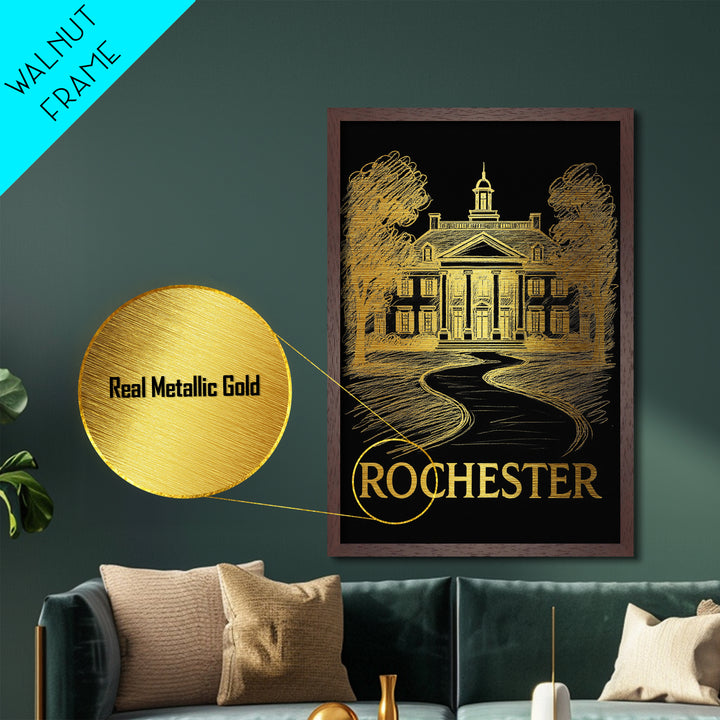 Rochester Minnesota art, Metallic Gold Art, Office Decor, Metal Art, Wood Framed Art, Graduation Travel Gift, Destination Gift