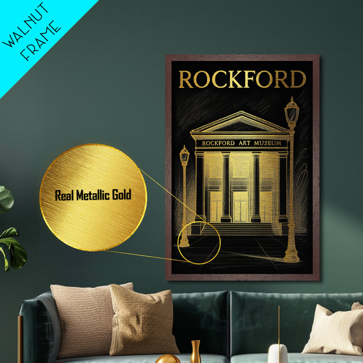 Rockford Illinois travel, Metallic Gold Print, Modern House Art, Metal Art, Wood Framed Art, Wanderlust Gift, Travel Art Prints