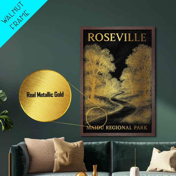 Roseville California travel, Metallic Gold Print, Modern House Art, Metal Art, Wood Framed Art, Traveler Gift, Destination Gift