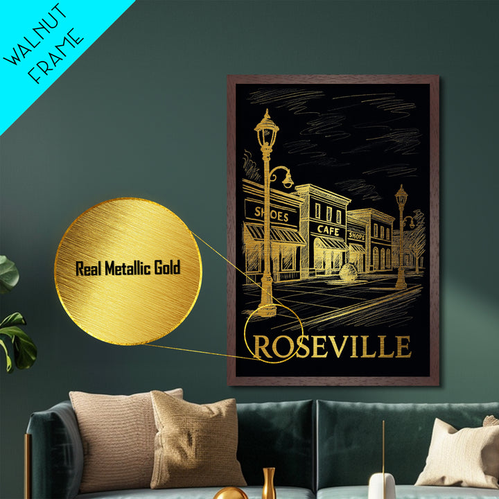 Roseville California art, Metallic Gold Art, Modern House Art, Metal Art, Wood Framed Art, Graduation Travel Gift, Travel Gift