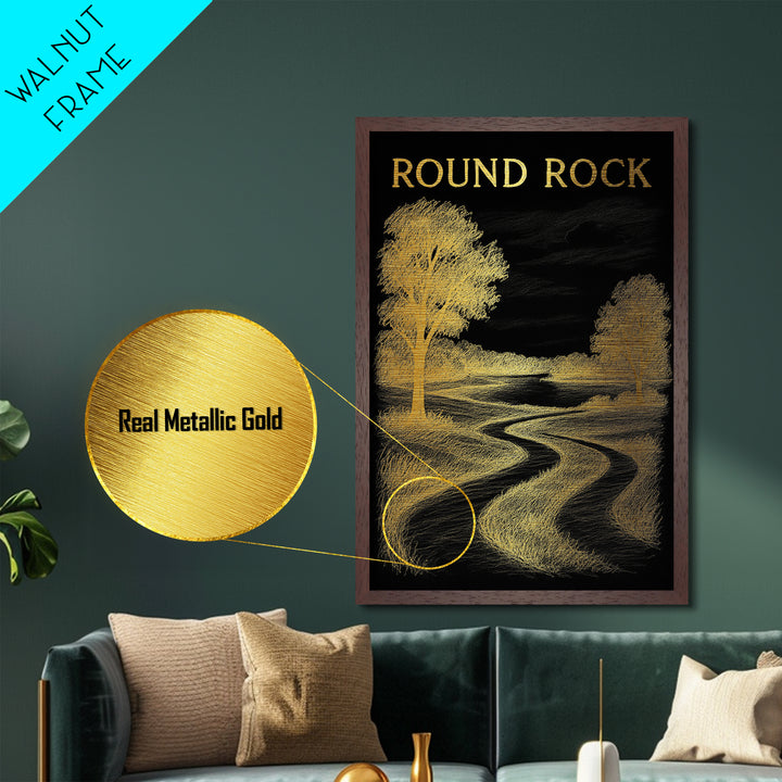 Round Rock Texas travel, Metallic Gold Print, College Dorm Décor, Metal Art, Wood Framed Art, Graduation Travel Gift, Traveler Gift
