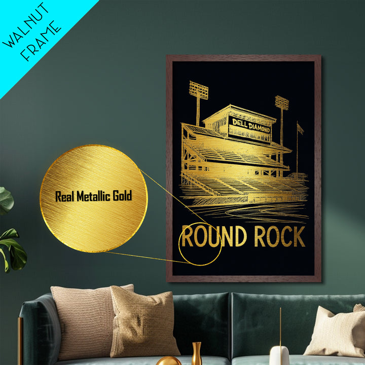 Round Rock Texas art, Metallic Gold Art, Best Friend Gifts, Metal Art, Wood Framed Art, Birthday Travel Gift, Destination Gift