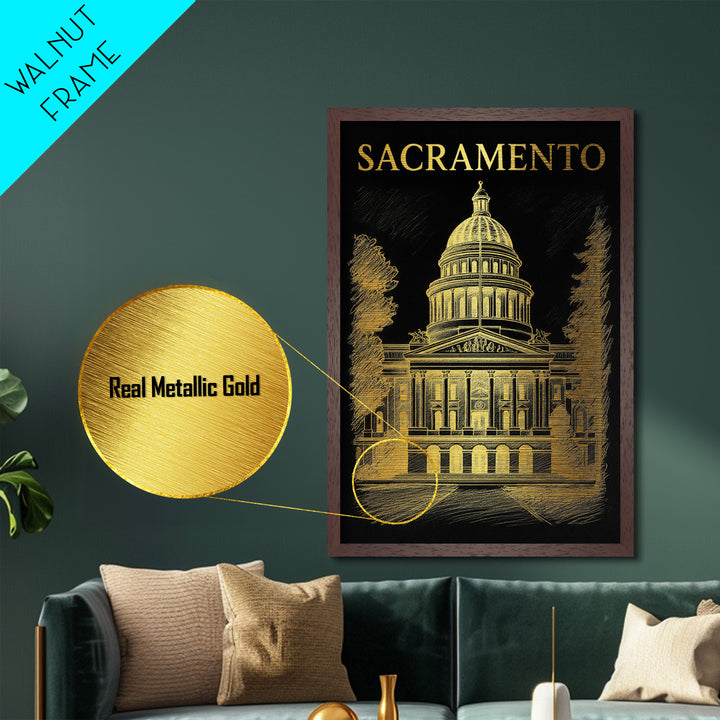 Sacramento California travel, Metallic Gold Print, Modern Skyline Wall Print, Metal Art, Wood Framed Art, Adventure Lover Gift, Travel Gift