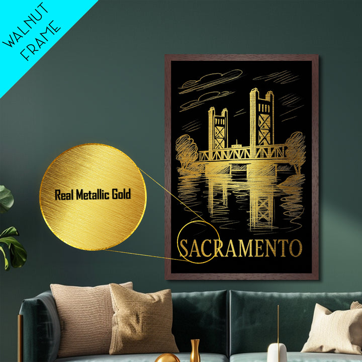 Sacramento California art, Metallic Gold Art, Housewarming Gift, Metal Art, Wood Framed Art, Newlywed Travel Gift, Honeymoon Gift