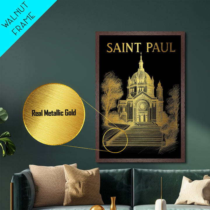 Saint Paul Minnesota travel, Metallic Gold Print, Closing Gift, Metal Art, Wood Framed Art, Anniversary Travel Gift, Retirement Gift