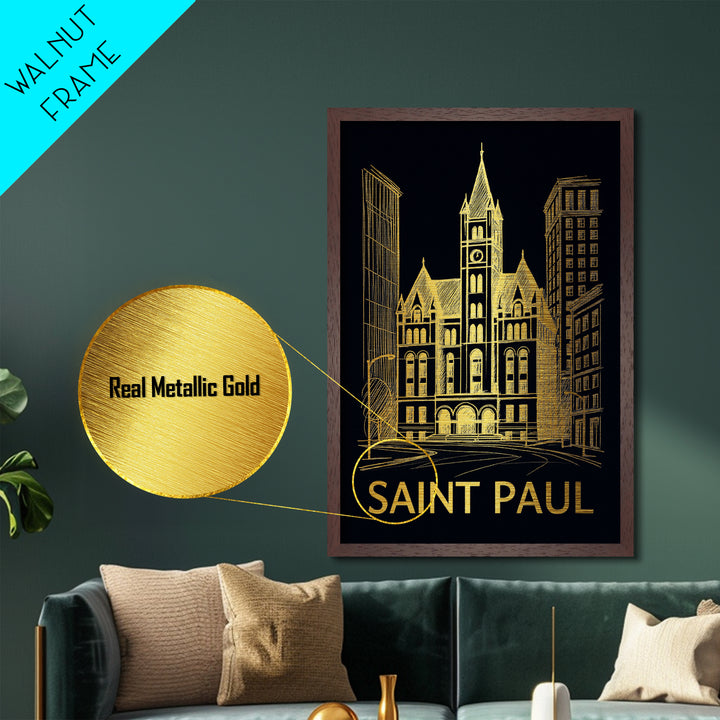 Saint Paul Minnesota art, Metallic Gold Art, Office Decor, Metal Art, Wood Framed Art, Graduation Travel Gift, Destination Gift