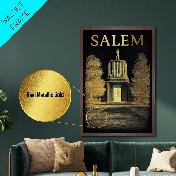 Salem Oregon travel, Metallic Gold Print, Modern House Art, Metal Art, Wood Framed Art, Wanderlust Gift, Travel Art Prints