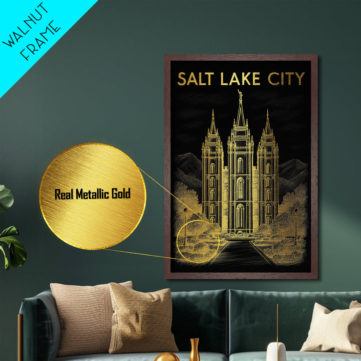 Salt Lake City Utah travel, Metallic Gold Print, College Dorm Décor, Metal Art, Wood Framed Art, Graduation Travel Gift, Traveler Gift