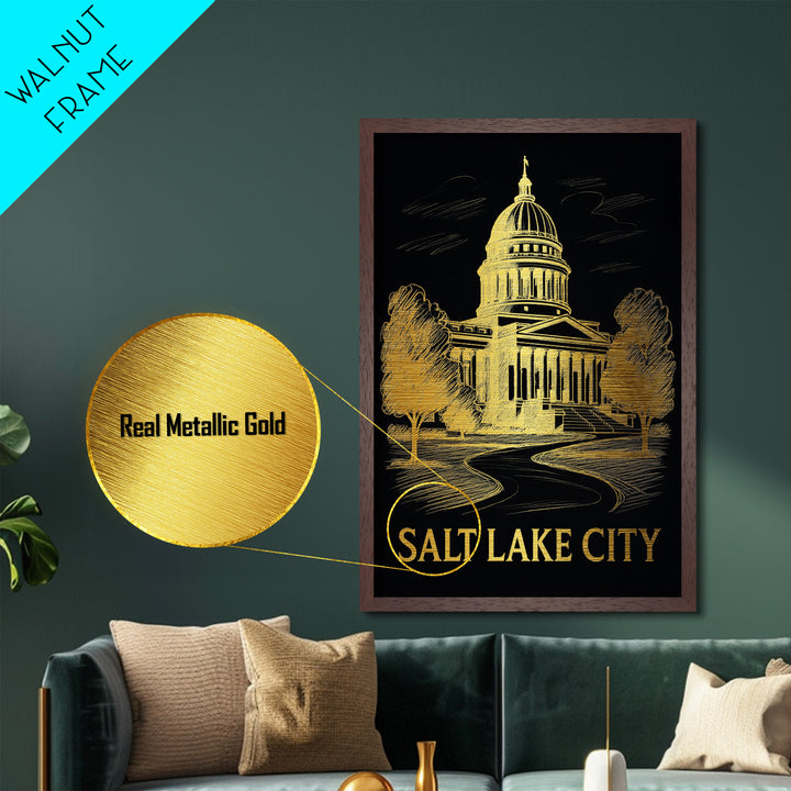 Salt Lake City Utah art, Metallic Gold Art, Best Friend Gifts, Metal Art, Wood Framed Art, Birthday Travel Gift, Destination Gift