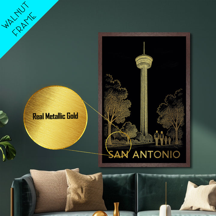 San Antonio Texas art, Metallic Gold Art, Housewarming Gift, Metal Art, Wood Framed Art, Newlywed Travel Gift, Honeymoon Gift