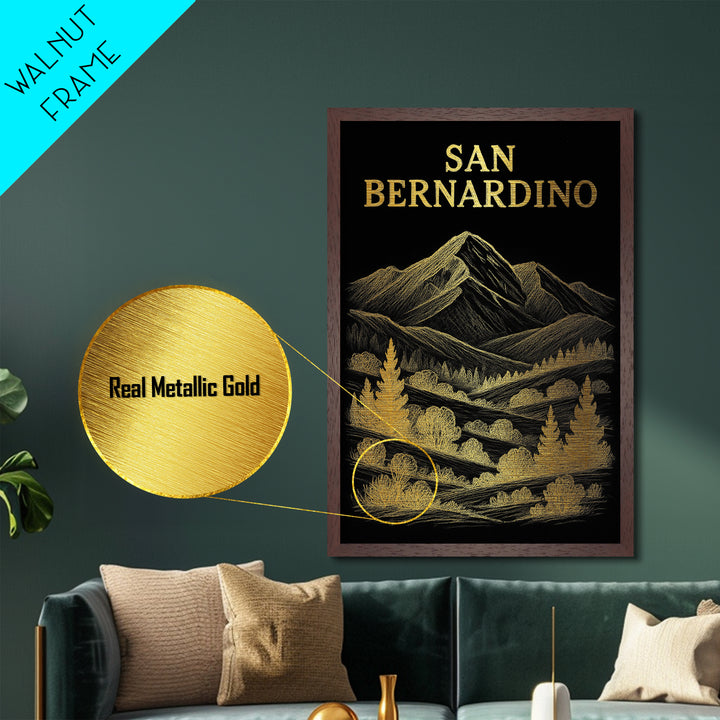 San Bernardino California travel, Metallic Gold Print, Closing Gift, Metal Art, Wood Framed Art, Anniversary Travel Gift, Retirement Gift