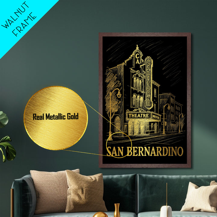 San Bernardino California art, Metallic Gold Art, Office Decor, Metal Art, Wood Framed Art, Graduation Travel Gift, Destination Gift