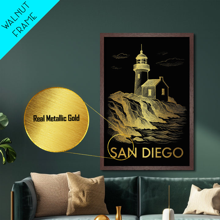 San Diego California travel, Metallic Gold Print, Modern House Art, Metal Art, Wood Framed Art, Wanderlust Gift, Travel Art Prints