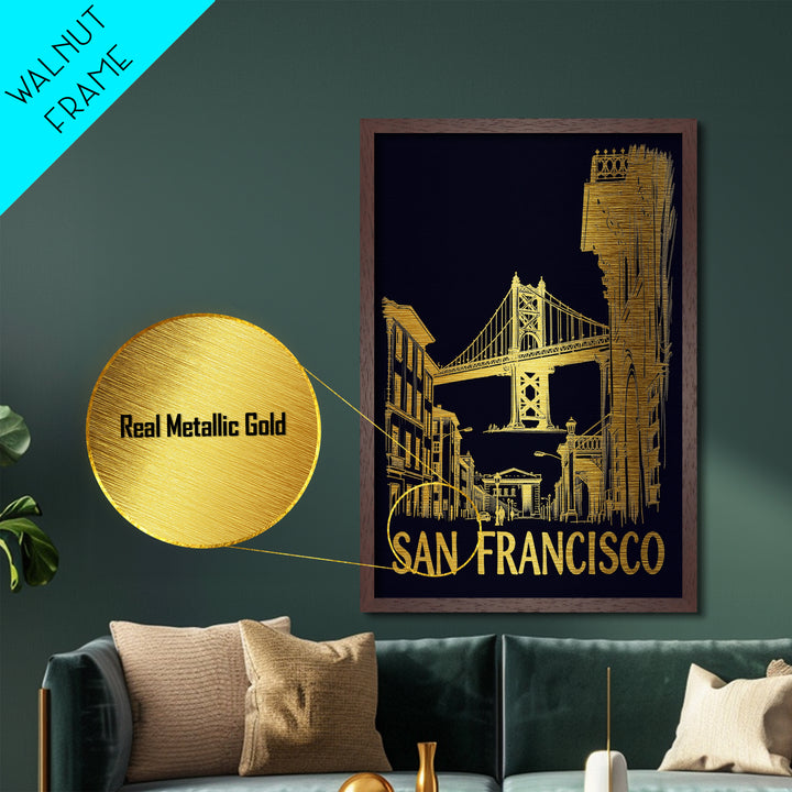 San Francisco California travel, Metallic Gold Print, College Dorm Décor, Metal Art, Wood Framed Art, Graduation Travel Gift, Traveler Gift