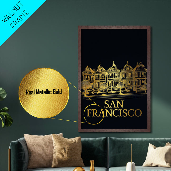 San Francisco California travel, Metallic Gold Print, Modern Skyline Wall Print, Metal Art, Wood Framed Art, Adventure Lover Gift