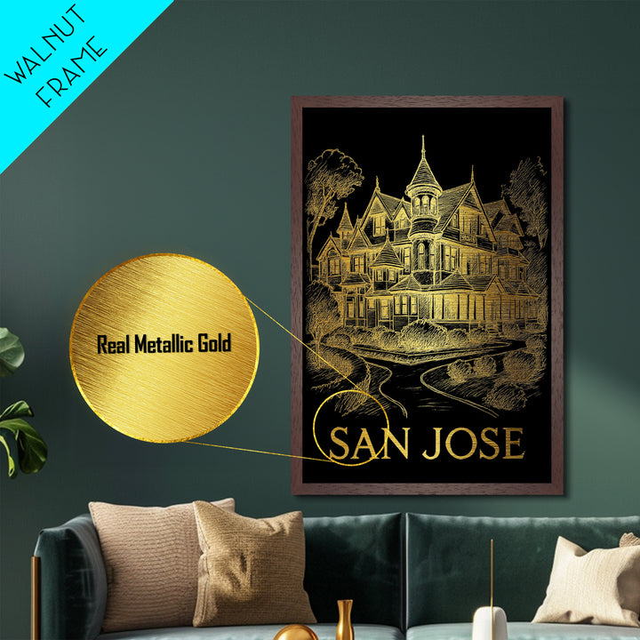 San Jose California art, Metallic Gold Print, Closing Gift, Metal Art, Wood Framed Art, Anniversary Travel Gift, Retirement Gift