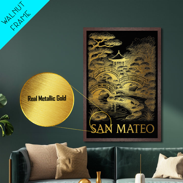 San Mateo California art, Metallic Gold Art, Travel Art Prints, Metal Art, Wood Framed Art, Adventure Lover Gift, Traveler Gift