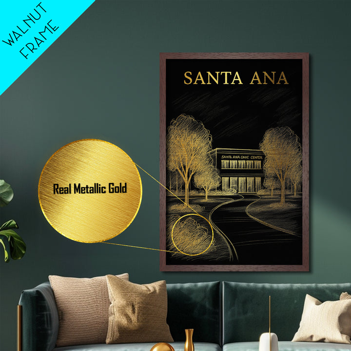 Santa Ana California travel, Metallic Gold Print, Modern House Art, Metal Art, Wood Framed Art, Traveler Gift, Destination Gift
